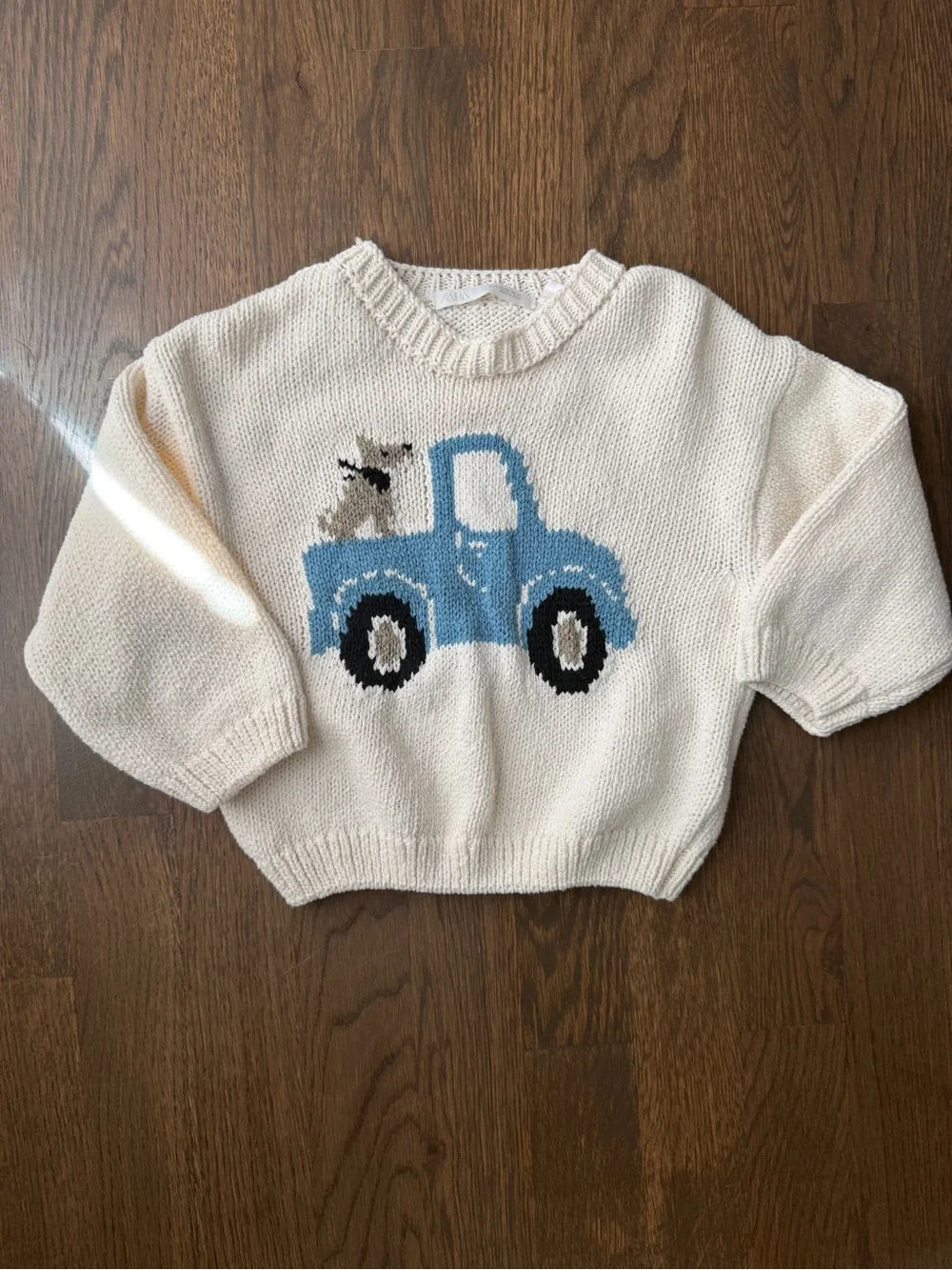 Zara Cream Knit Sweater with Blue Truck and Puppy Motif